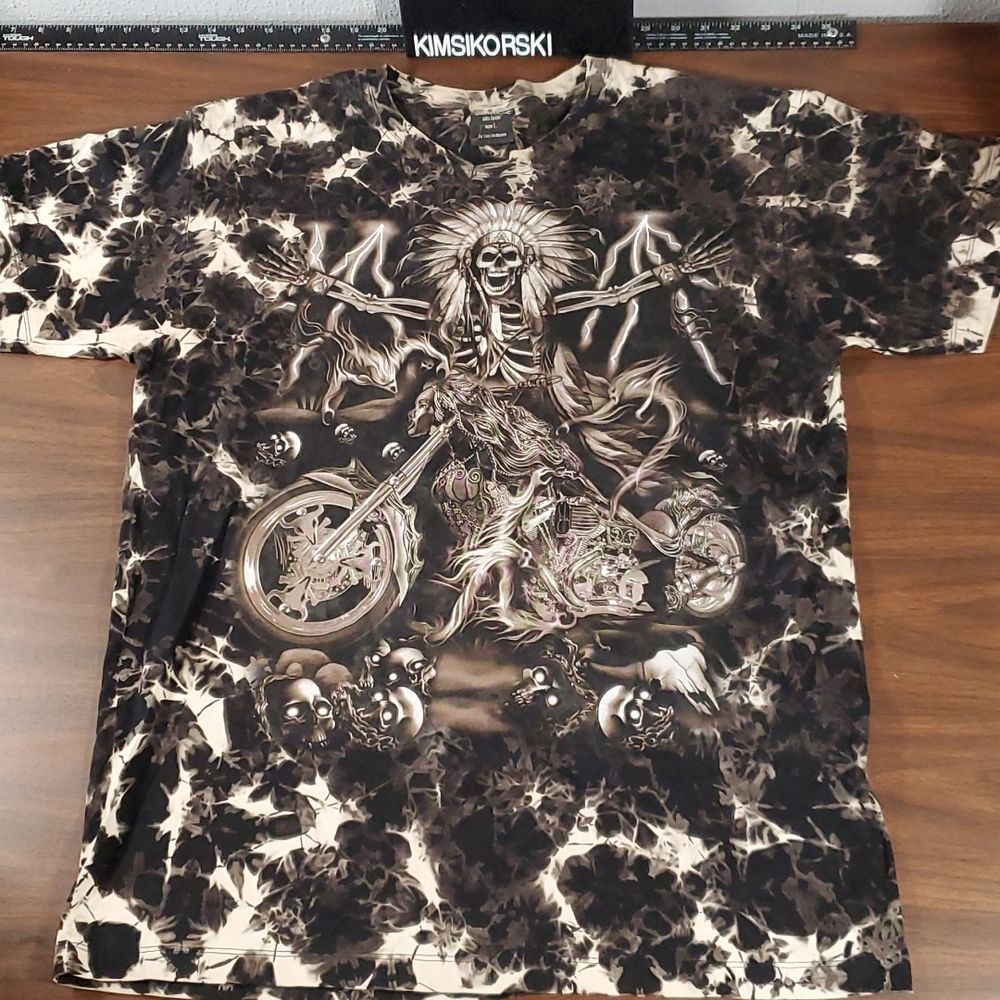SURVIVORS Skeleton w Headdress on Motorcycle Studded Tie Dye Graphic Tee T-Shirt